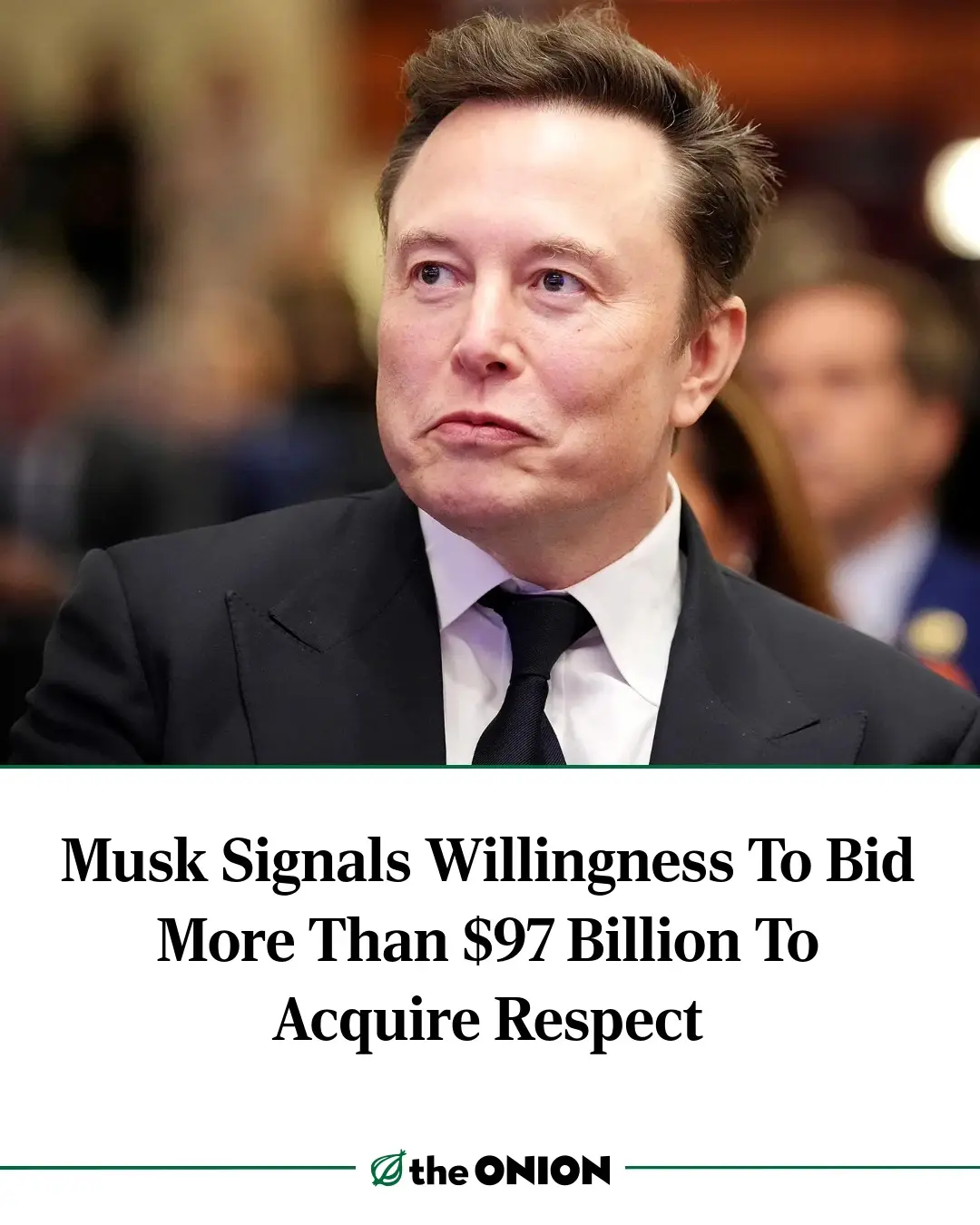 A close-up photo of Elon Musk in a black suit and tie, looking upward and to his right with a skeptical or unimpressed…