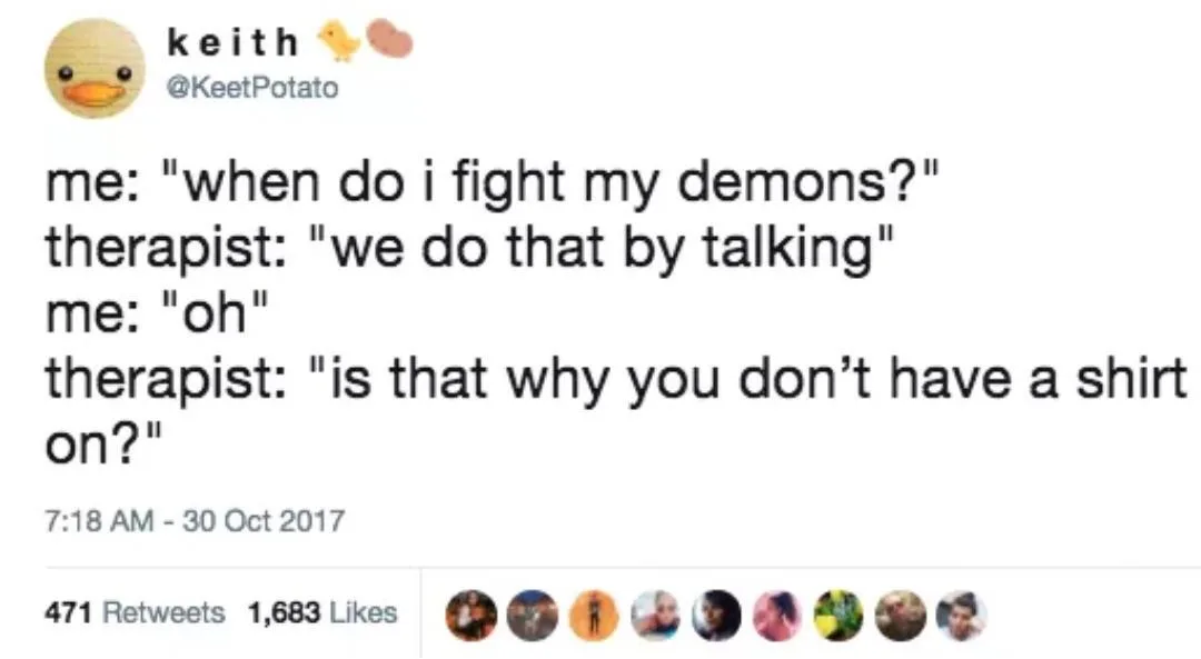 A screenshot of a tweet by user Keith (@KeetPotato) showing a humorous exchange where a patient misunderstands therapy as…