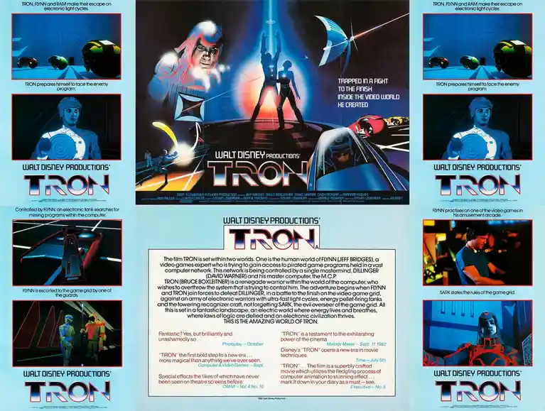 This is a vintage 1982 movie poster for 'TRON' by Walt Disney Productions, featuring a central artwork of characters in a…