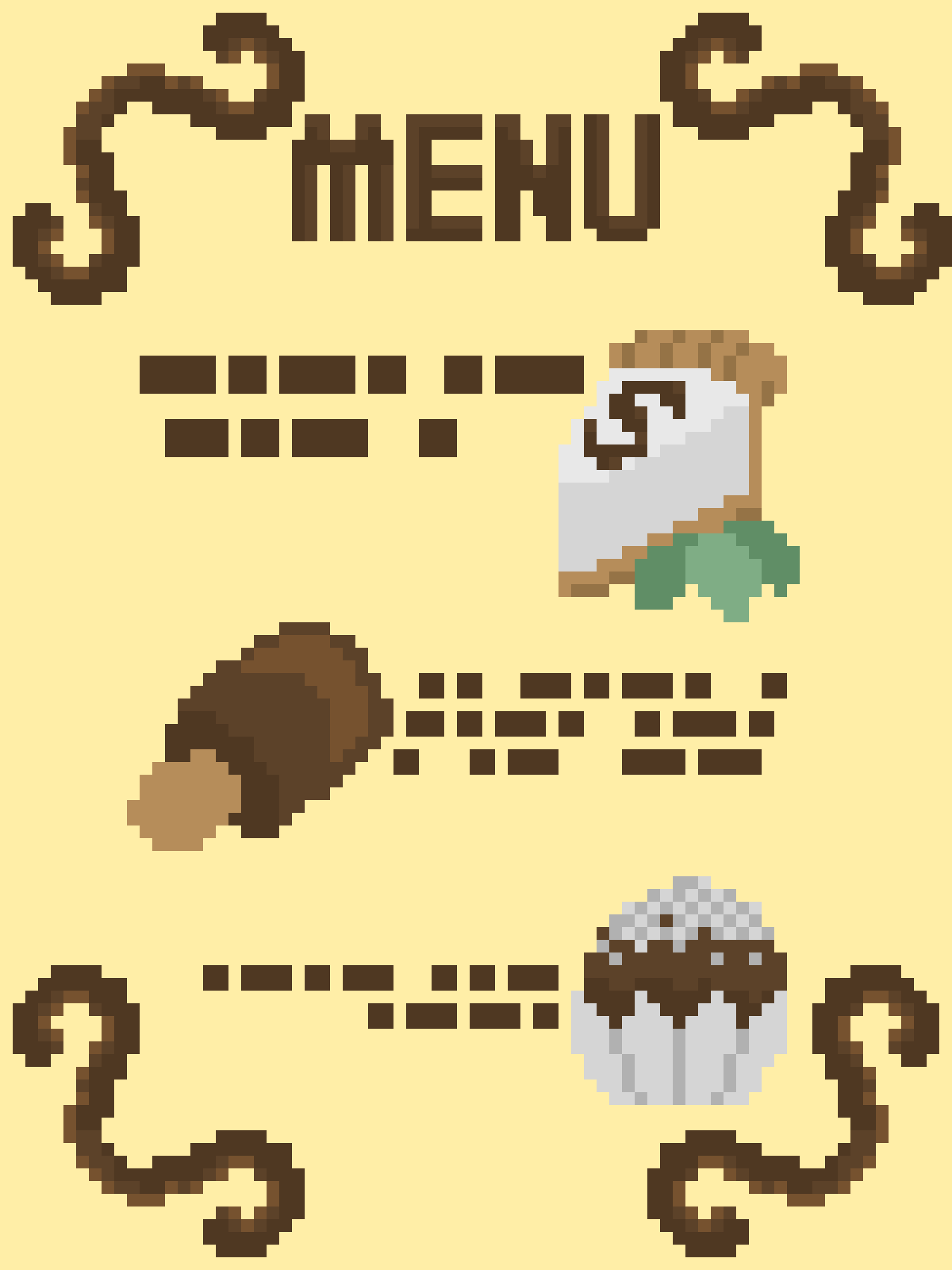 A pixel-art menu with a light yellow background and brown decorative swirls. It displays four food items: a coffee cup with…