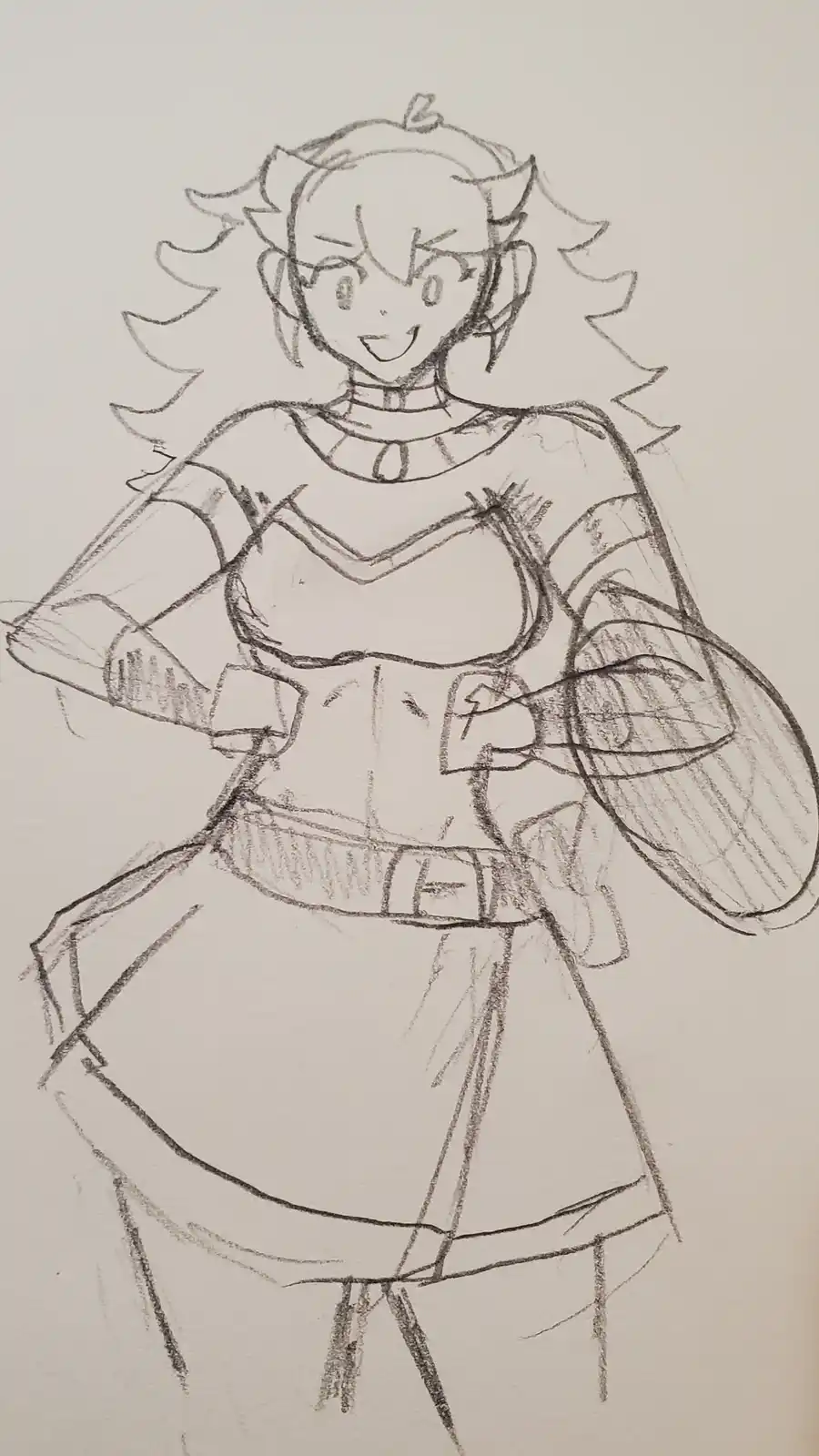 A rough pencil sketch of an anime-style female character with spiky hair and a cheerful expression, wearing a detailed…
