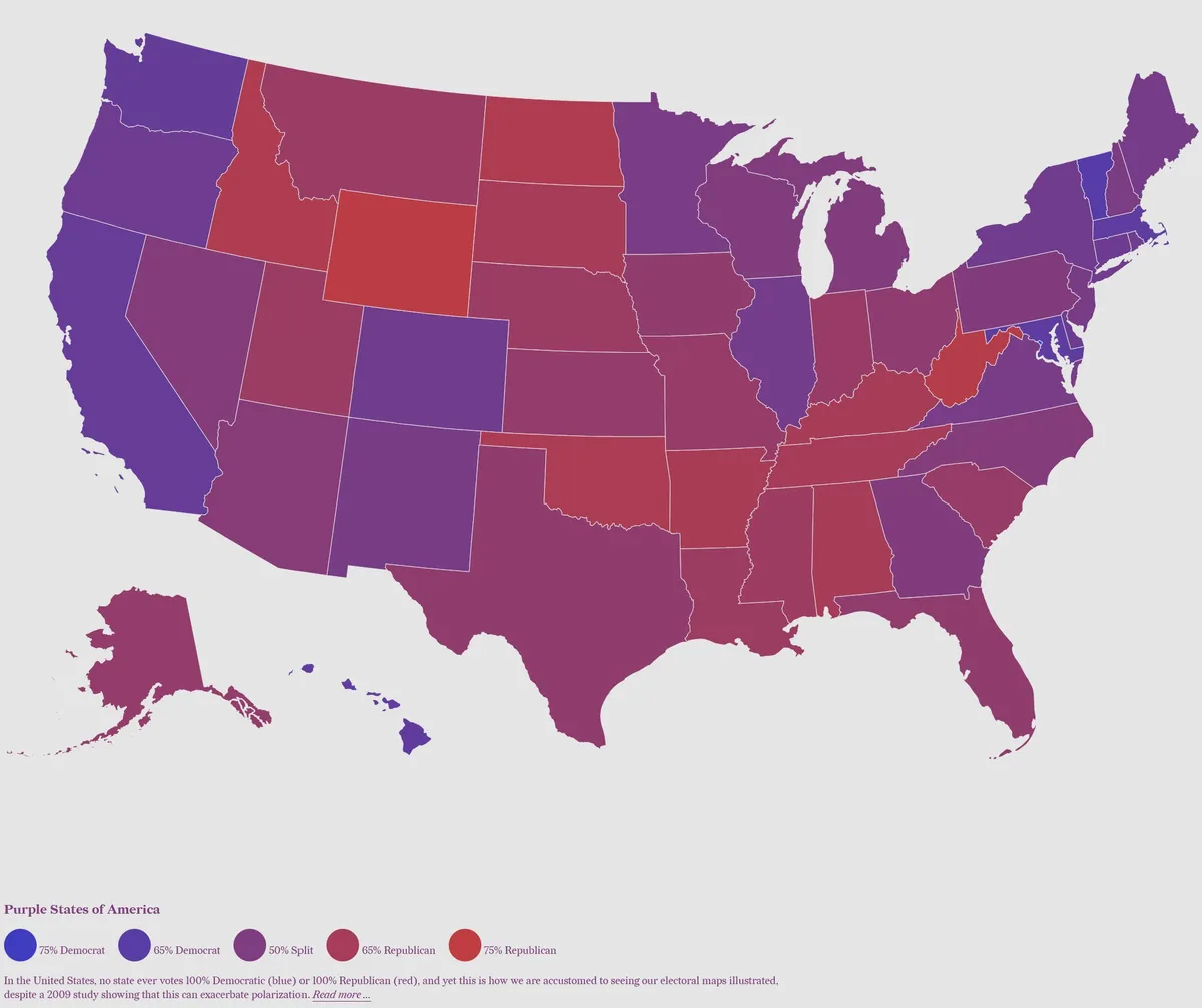 A map of the United States with states colored in varying shades of purple, red, and blue, indicating Democratic…