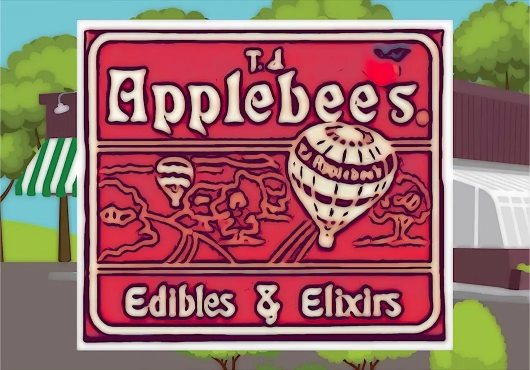 A cartoon-style sign for a fictional establishment named 'T.J. Applebees' with the tagline 'Edibles & Elixirs'. The sign…