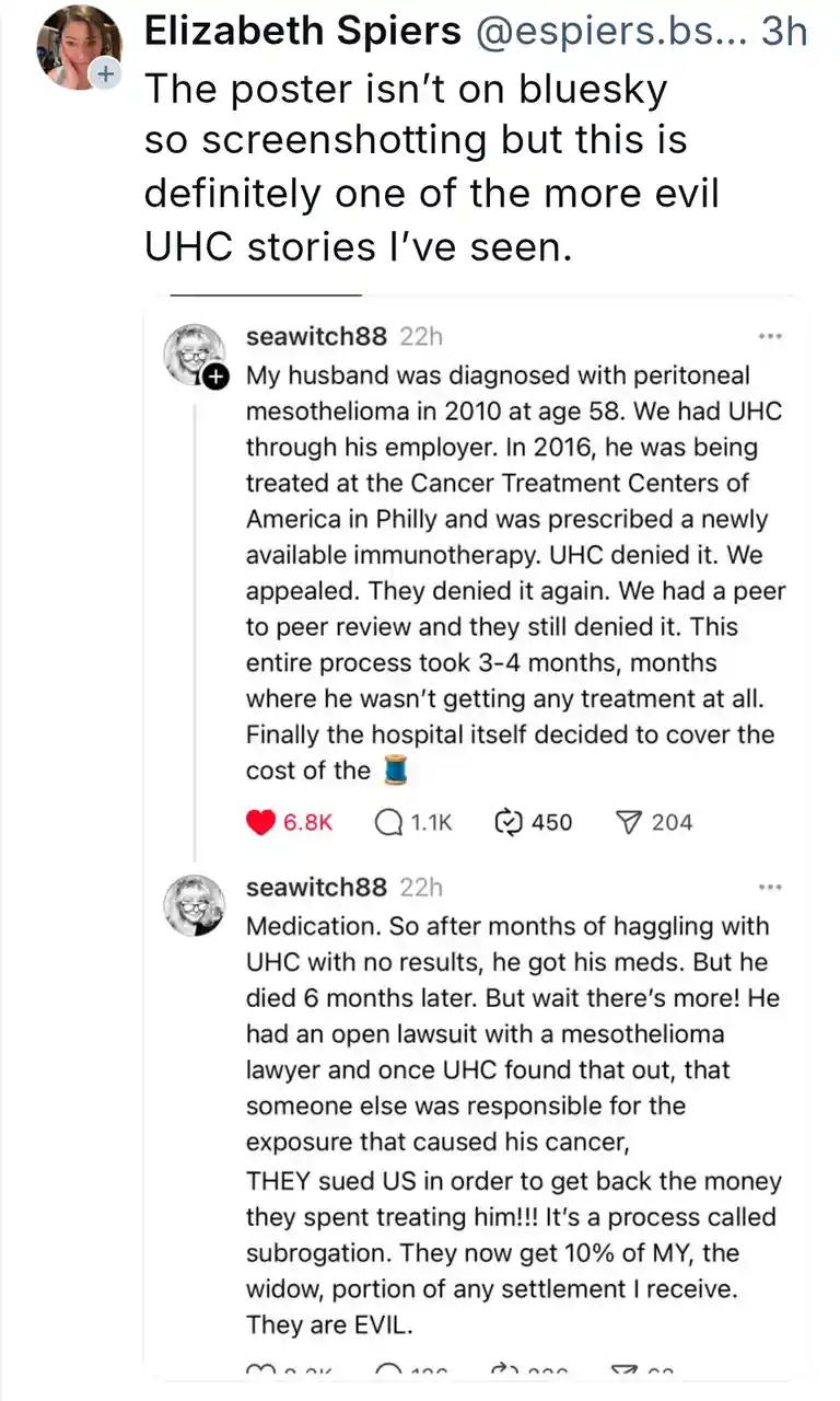 A screenshot of a social media post where a user named seawitch88 recounts how her husband died after months of UHC denying…