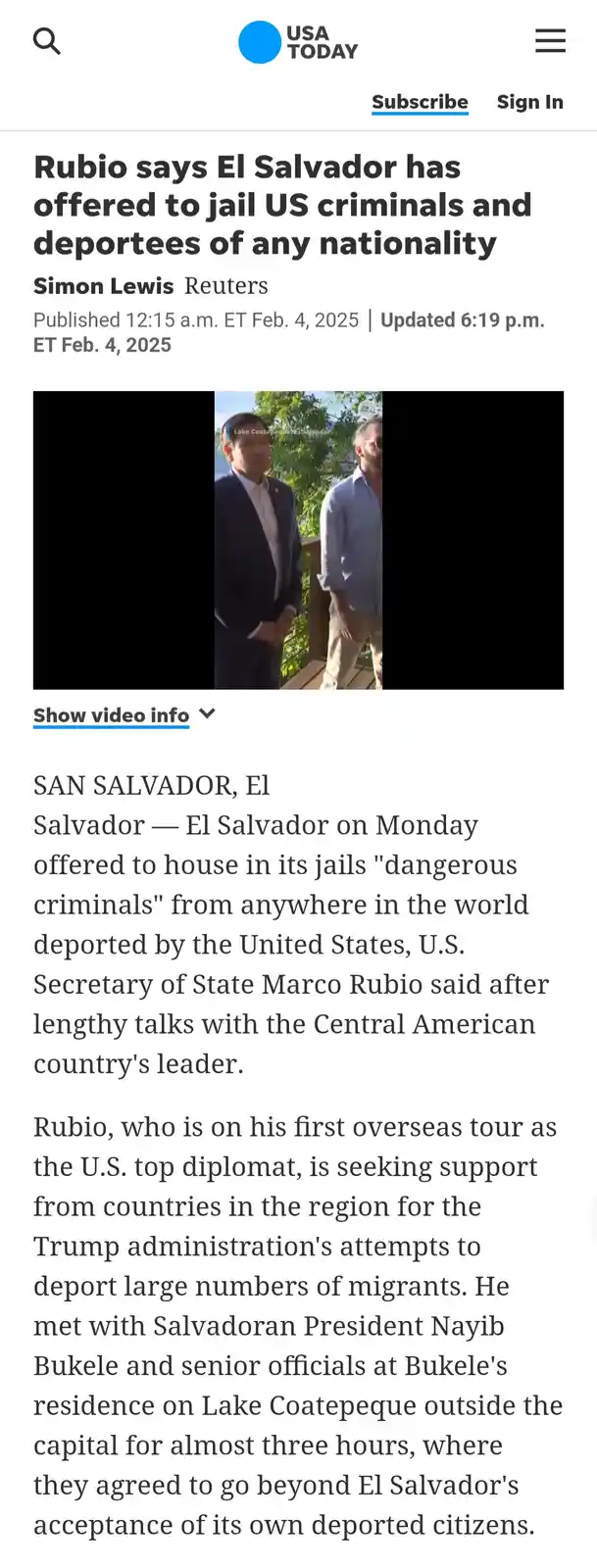 A screenshot of a USA TODAY news article shows a video thumbnail with two men standing outdoors. The headline and article…