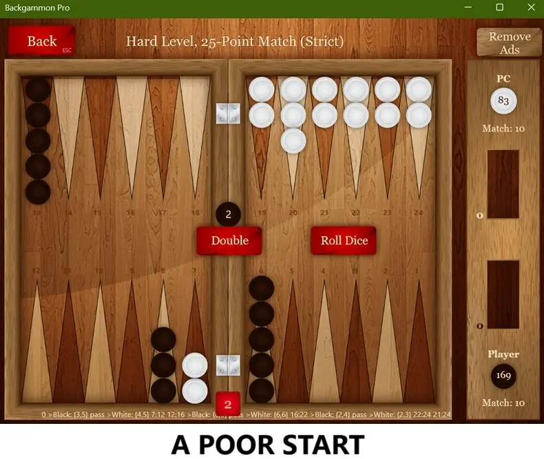 A screenshot of a backgammon game interface showing a player's score of 169 against the PC's 83, with the player's pieces…