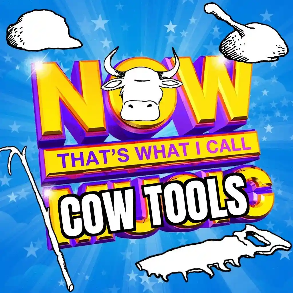 A parody of the 'Now That's What I Call Music!' logo, featuring a cartoon cow's head replacing the 'O' in 'NOW', with the…