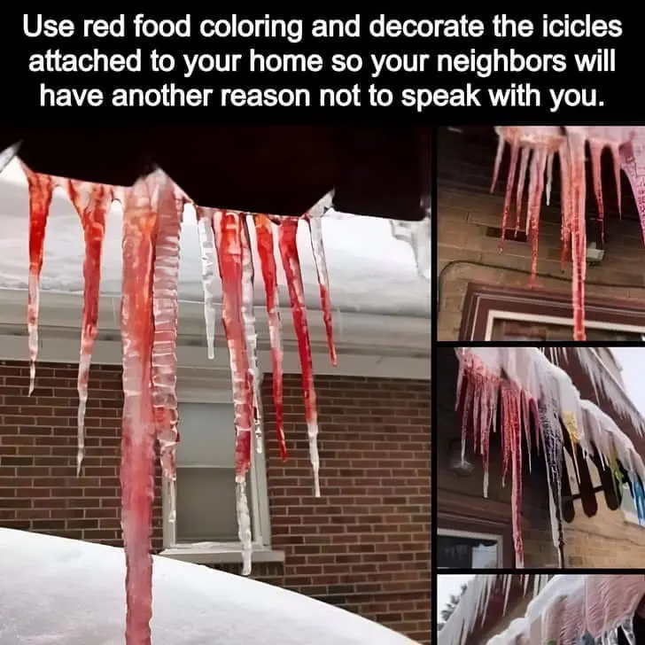 A collage of photos shows icicles hanging from a roof, dyed red with food coloring, against a brick house background. The…