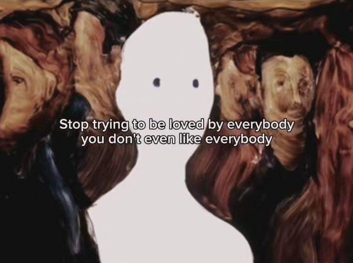 A white, minimalist ghost-like figure with two black dots for eyes is centered against a dark, textured background…