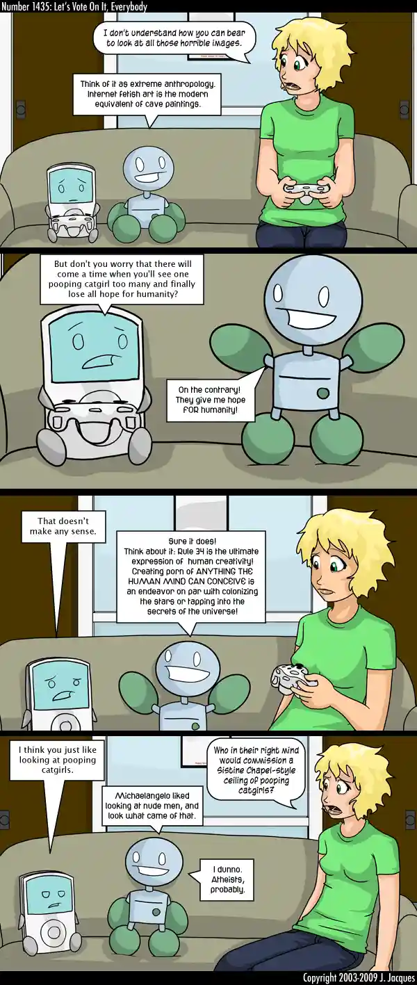 A four-panel comic strip featuring a blonde woman playing a video game while two robots sit beside her. The robots debate…