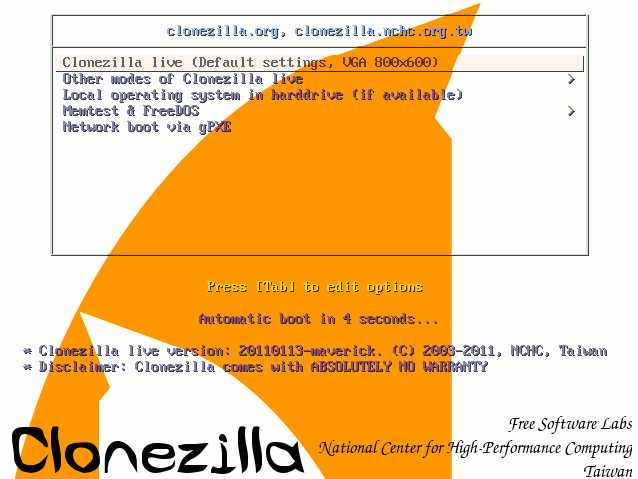 A screenshot of the Clonezilla live boot menu, showing options like 'Local operating system in harddrive' and 'Memtest &…