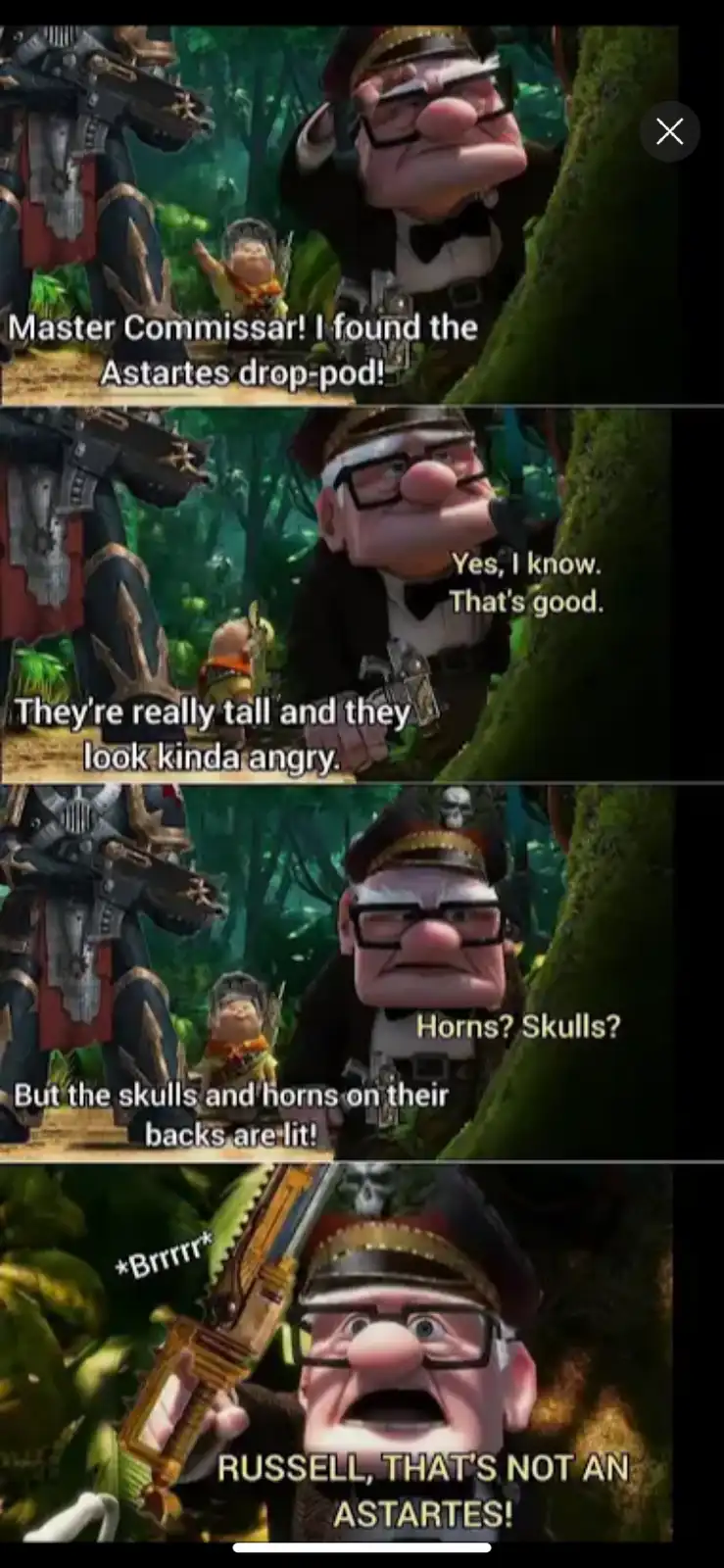 A four-panel meme using scenes from the movie 'Up' where Russell, a small child, excitedly reports to a large, bespectacled…