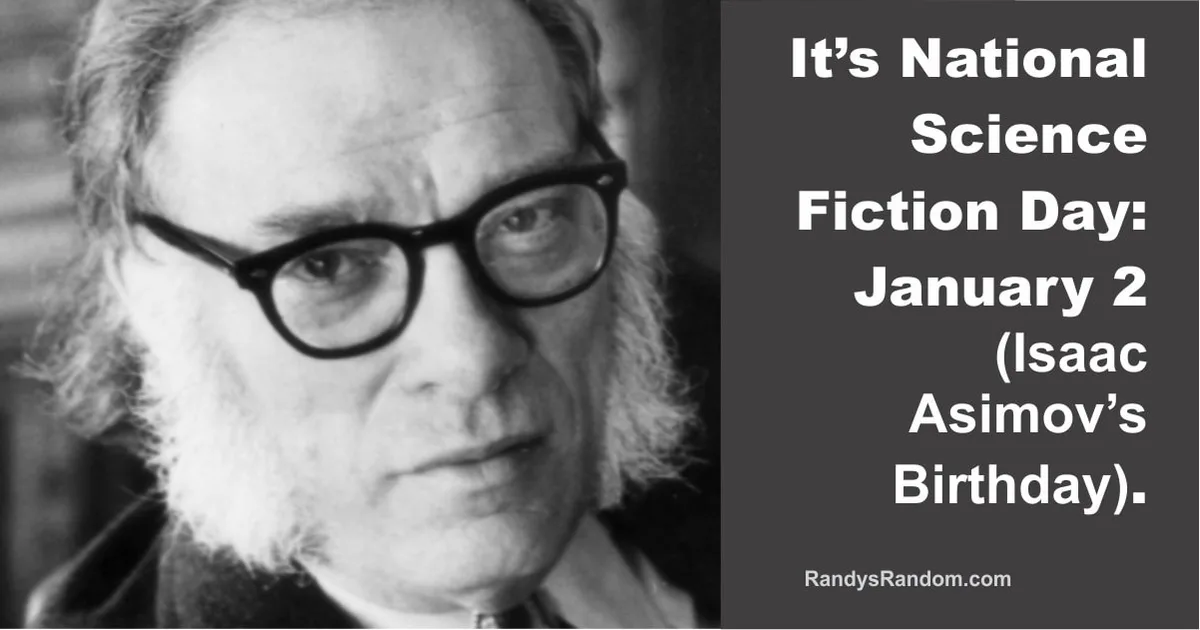 A black-and-white photo of Isaac Asimov, a man with glasses and a beard, looking directly at the camera. A dark gray text…