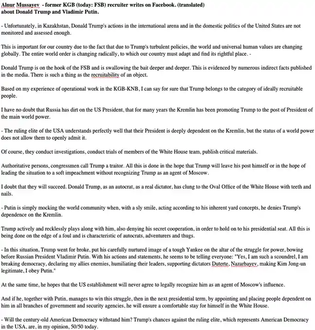 A screenshot of a translated Facebook post by Anur Mussayev, a former KGB/FSB recruiter, analyzing Donald Trump and Vladimir…