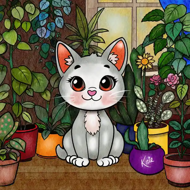 A cartoon-style illustration shows a cute, gray kitten with large orange eyes and pink inner ears sitting on a wooden floor…