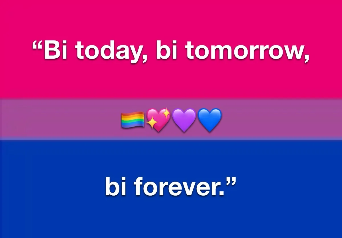 The image displays the bisexual pride flag with three horizontal stripes: pink at the top, purple in the middle, and blue at…
