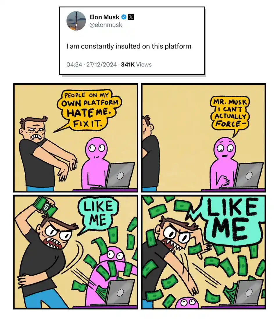A four-panel comic shows a man yelling at a pink figure at a laptop, demanding they fix hate on his platform. The pink…