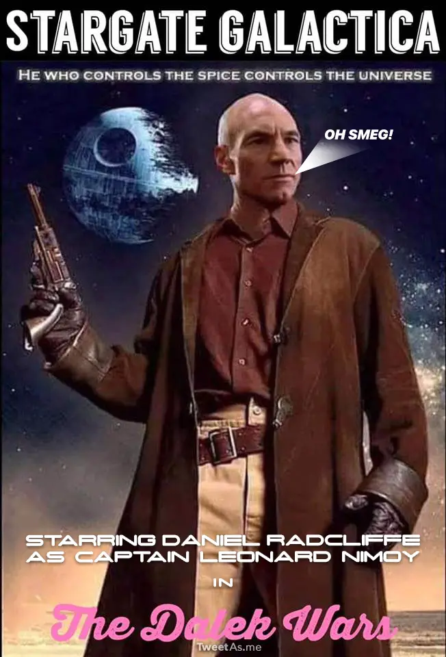 A digitally altered image features actor Patrick Stewart as Captain Picard from Star Trek, holding a revolver, with a Death…