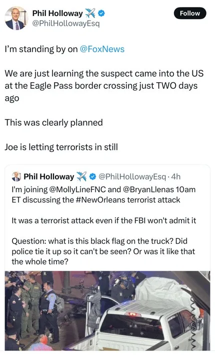 A screenshot of a Twitter thread by Phil Holloway, where he claims a suspect entered the US two days prior at Eagle Pass and…