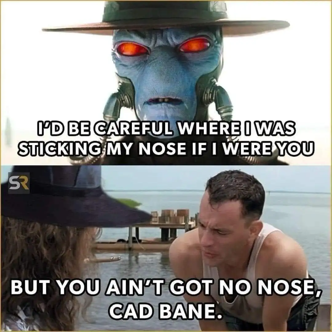 The top panel shows a blue-skinned alien with glowing red eyes and a hat, overlaid with the text 'I'D BE CAREFUL WHERE I WAS…