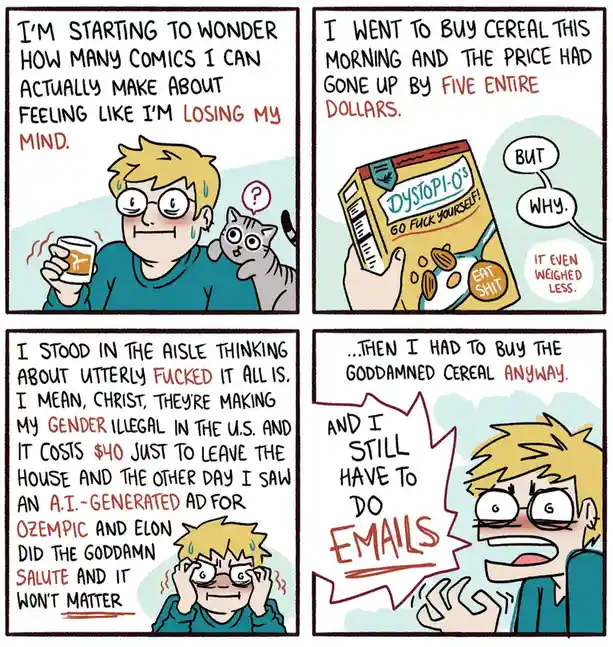 A four-panel comic strip shows a stressed cartoon man with glasses and a cat, contemplating his mental state, then reacting…