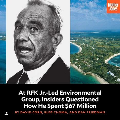 The image is a split-screen: left side shows a black-and-white photo of RFK Jr. looking surprised or concerned, right side…