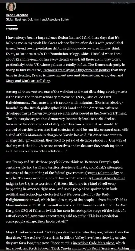 A screenshot of a 2023 article by Rana Foroohar, Global Business Columnist and Associate Editor, discussing how current US…