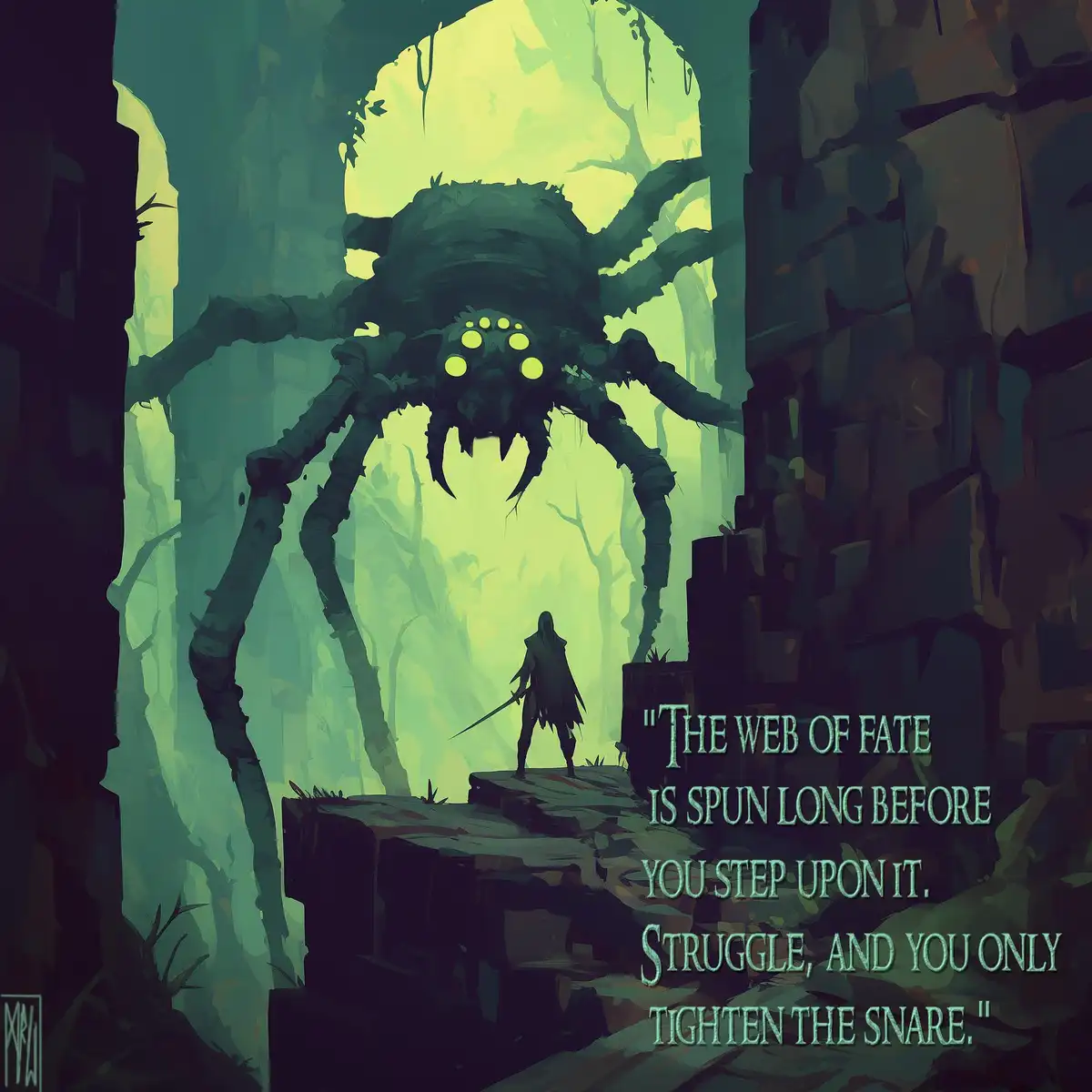 A lone warrior stands on a stone platform facing a massive, glowing-eyed spider in a dark, green-lit cavern. The overlaid…