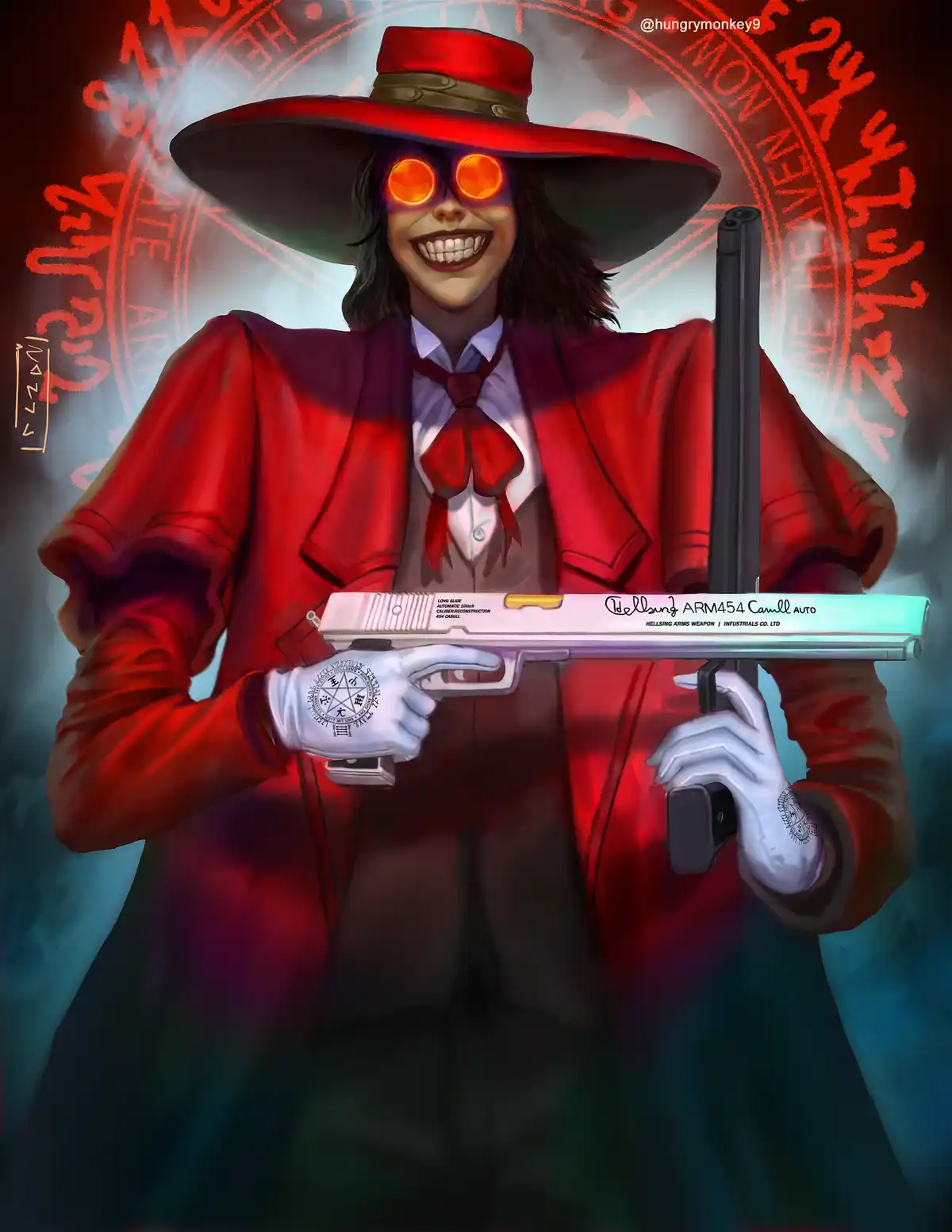 A character in a red suit and wide-brimmed red hat holds a silver pistol and a shotgun, both with visible text. The…