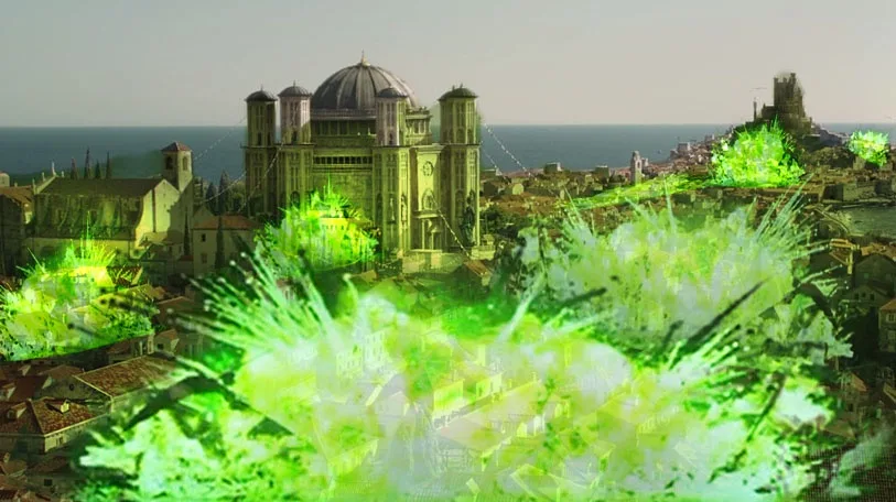 a scenic view of a coastal city with a large domed cathedral is overlaid with bright green, explosive energy bursts and…