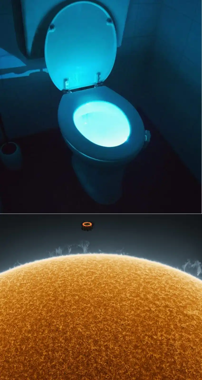 The image is split: the top half shows a glowing blue toilet in a dark bathroom, and the bottom half shows a glowing orange…