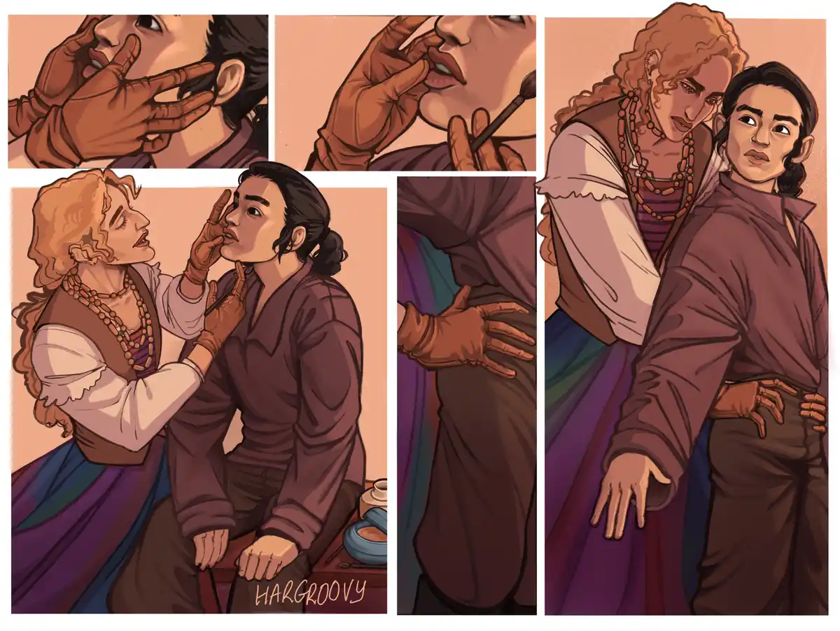A comic strip shows a person with curly hair applying makeup to another person's face and body in a series of close-up…