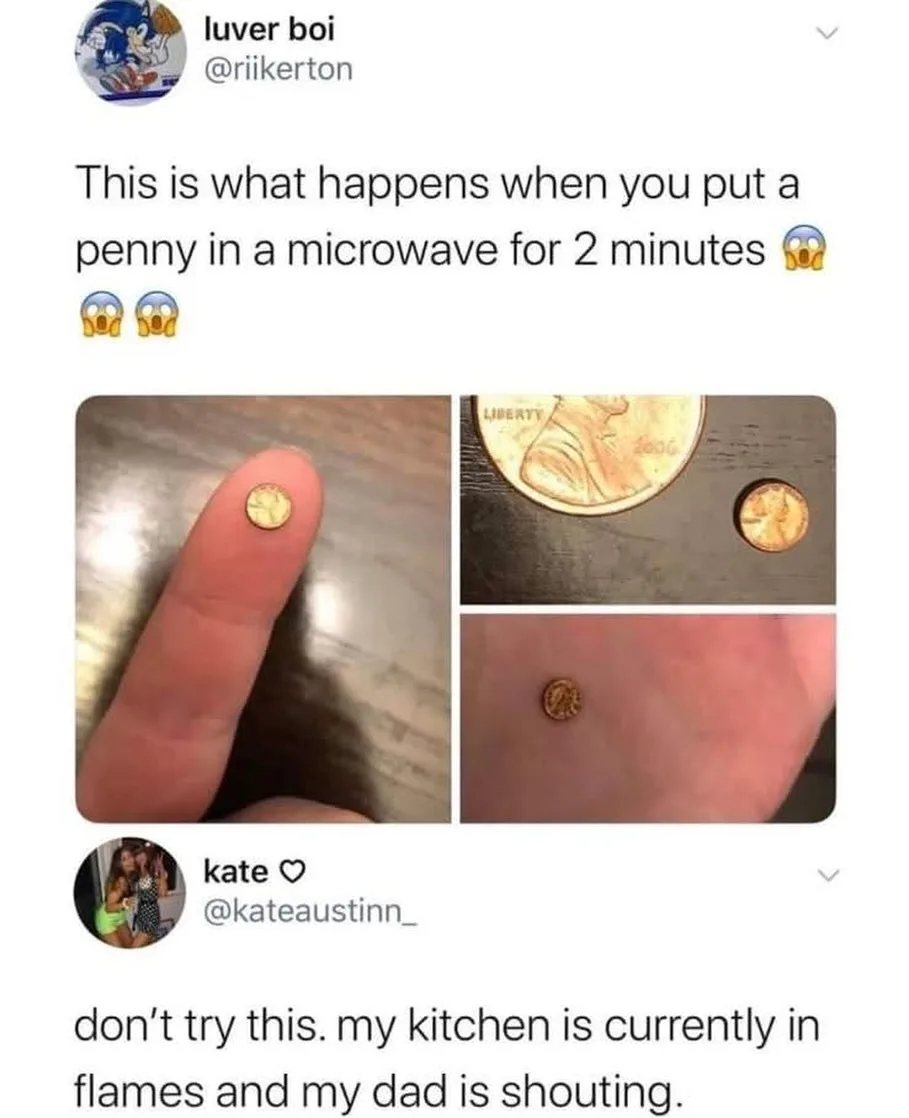 A three-panel image shows a penny before and after being microwaved: first on a fingertip, then next to a 2006 penny, and…