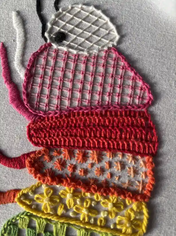 A close-up of a colorful, hand-embroidered elephant on light gray fabric, featuring a white grid-patterned head, pink body…