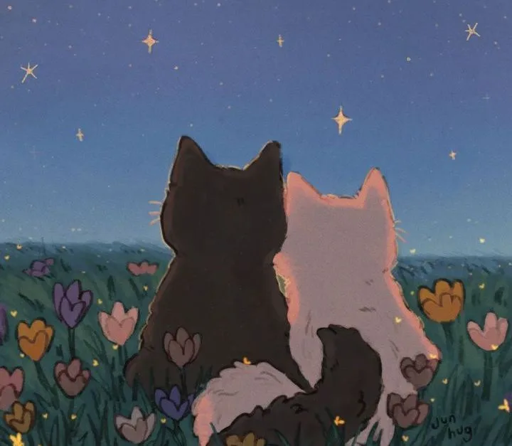 Two cats, one black and one white, sit back-to-back in a field of colorful flowers under a starry night sky. The black cat…