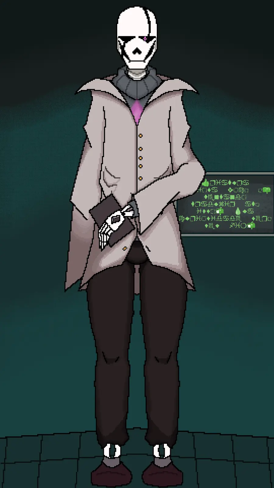 A pixel-art character with a white skull face, black eye patches, and a purple tie stands in a grey coat and dark pants…