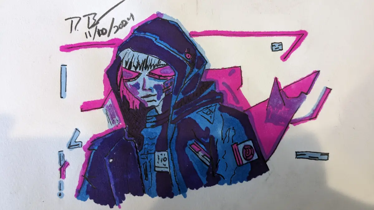 A hand-drawn illustration on paper shows a stylized, hooded figure with a pale face, sharp features, and glowing pink eyes…