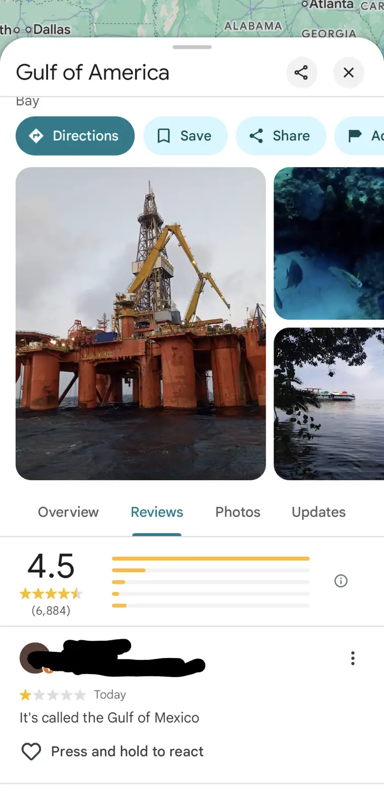 A screenshot of a Google Maps review page for a location named 'Gulf of America' shows a large offshore oil rig in the…