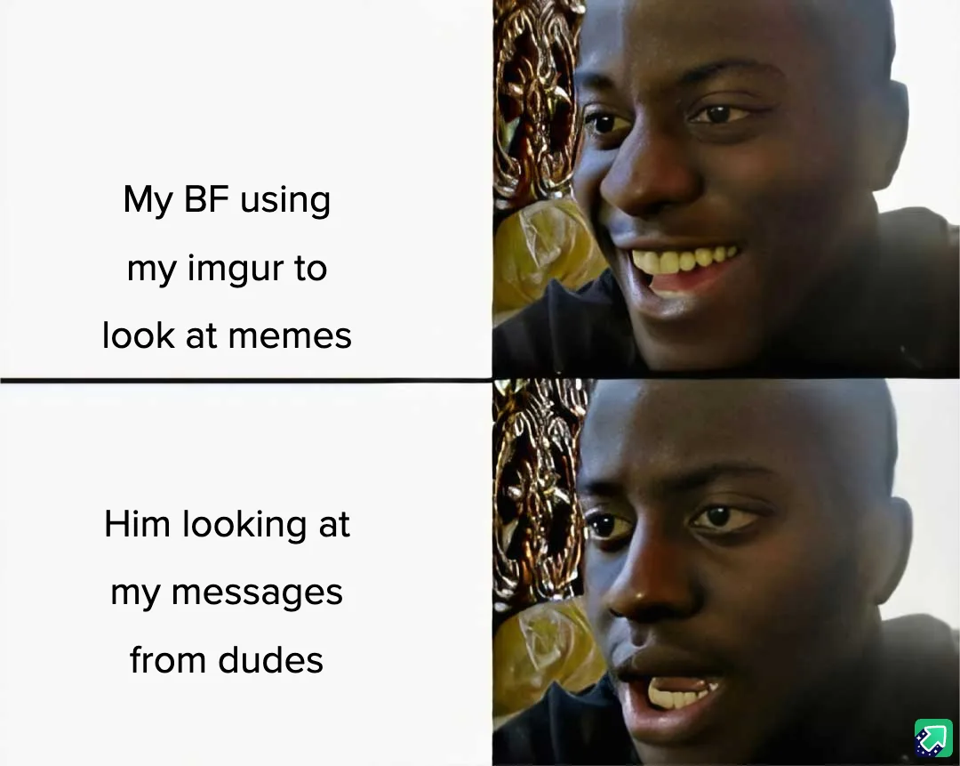 The image is a two-panel meme featuring the same man in both panels. In the top panel, he has a wide, happy smile. In the…