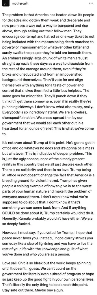 The image displays a long-form text post from a social media account named 'mothercain'. The post is a lengthy, emotionally…