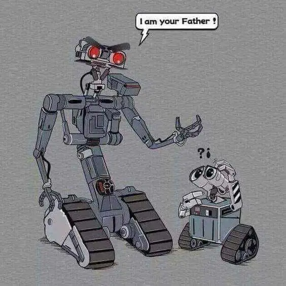 A large, menacing robot with glowing red eyes and tank treads stands over a smaller, confused robot. The large robot says 'I…
