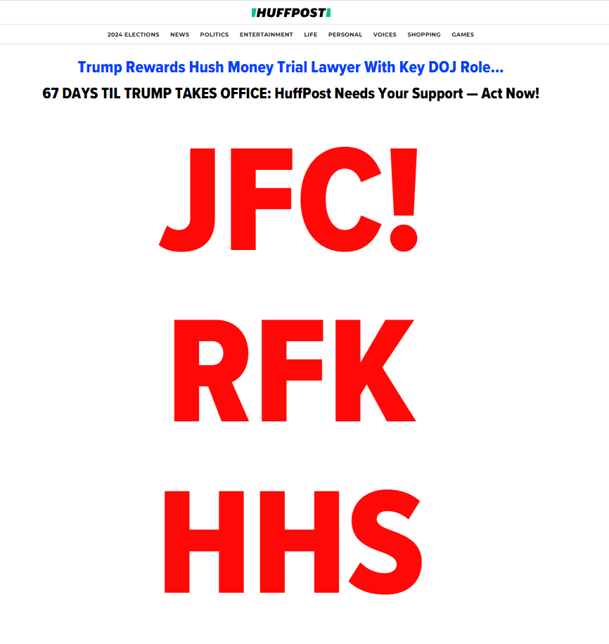 A screenshot of a HuffPost news article header with the headline 'Trump Rewards Hush Money Trial Lawyer With Key DOJ…