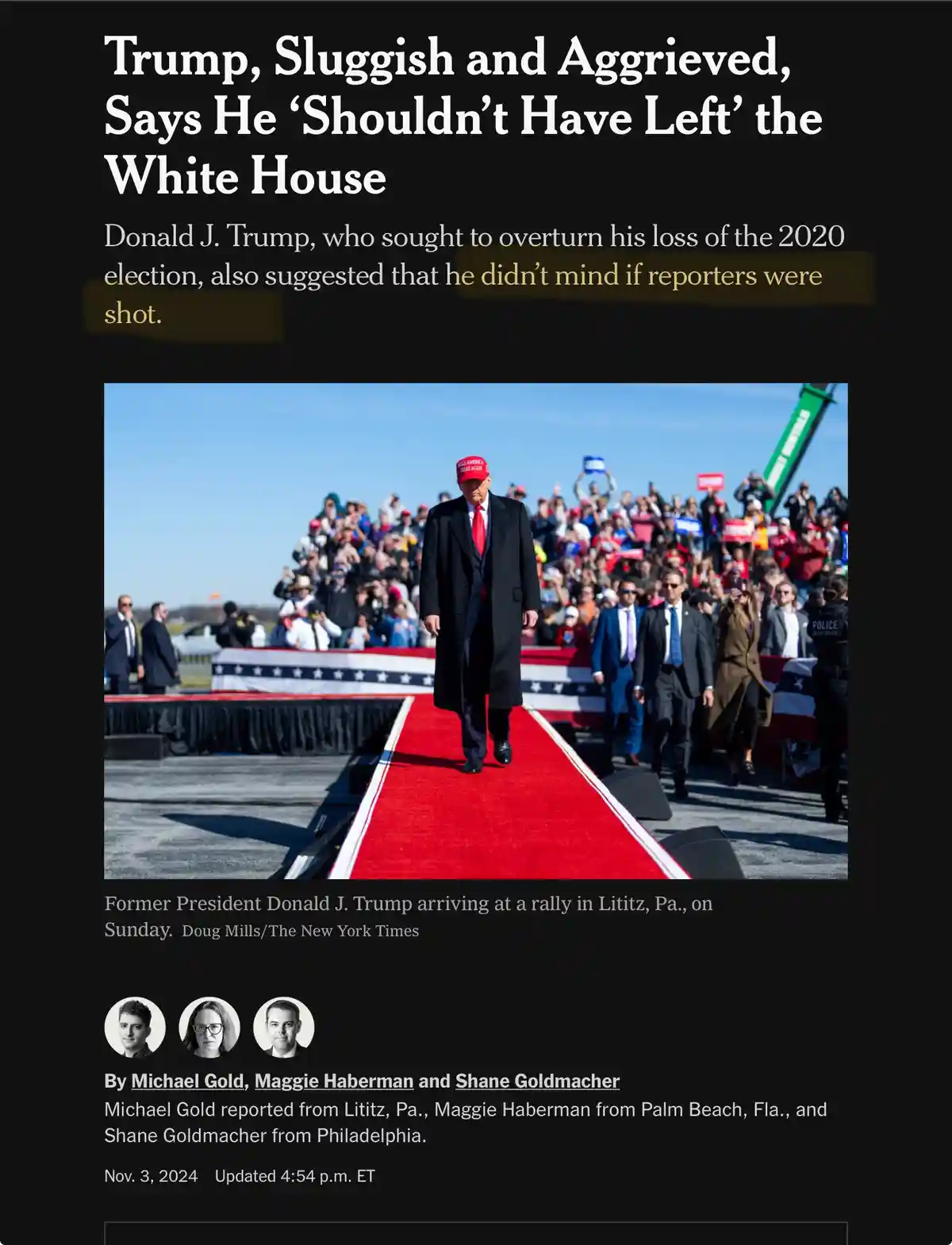 A screenshot of a New York Times article shows former President Donald Trump walking slowly down a red carpet at a rally…