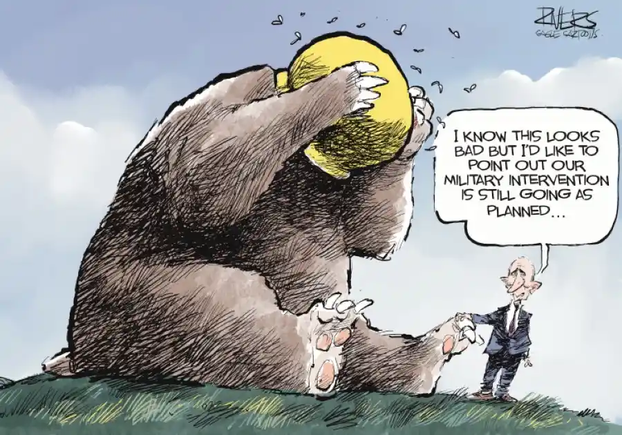 A cartoon depicts a giant bear sitting on a grassy hill, holding a yellow lemon to its face while small hearts float away. A…