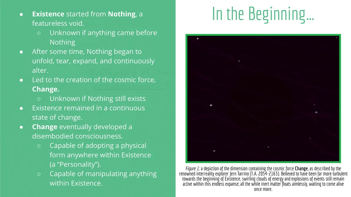The image displays a slide with a green background on the left containing bullet points about 'Existence' and 'Change,' and…