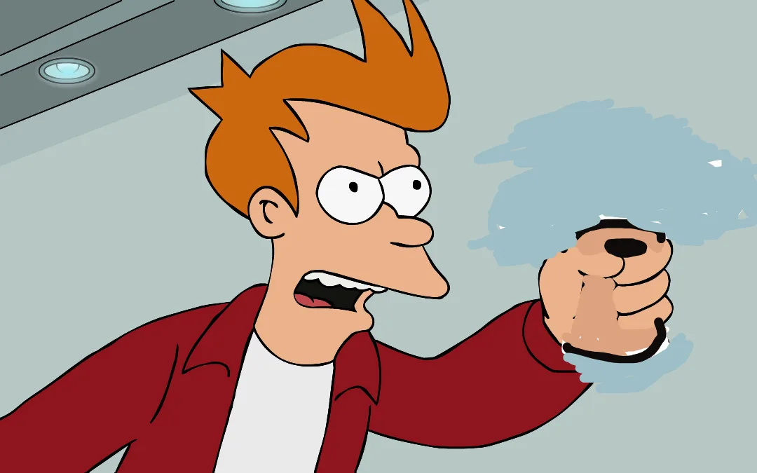 a cartoon man with orange hair and a red jacket is screaming with wide eyes while holding a small, cartoonish dog with a…