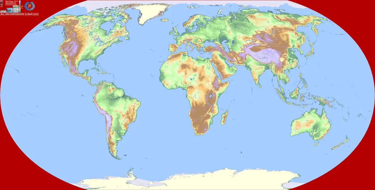 A world map with a red border and a color-coded terrain overlay showing landmasses in green, brown, and purple. In the…