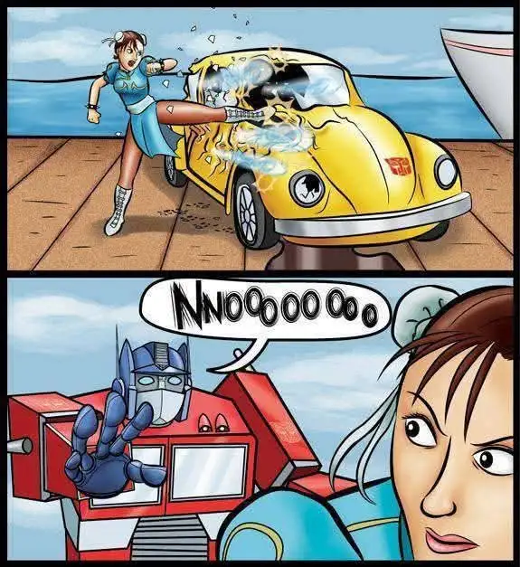 Top panel: A female martial artist in blue and white kicks a yellow Volkswagen Beetle with a Transformers logo on the hood…