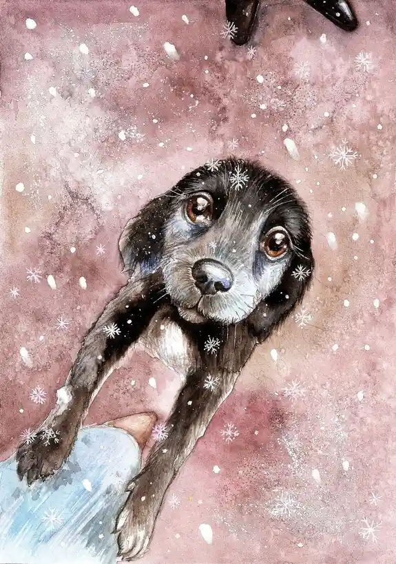 A watercolor painting shows a small black and white dog with large brown eyes looking up, surrounded by falling snowflakes…