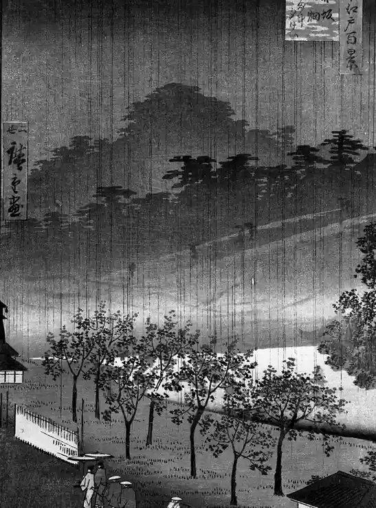A traditional Japanese ukiyo-e woodblock print depicts a heavy rainstorm with vertical lines representing falling rain…